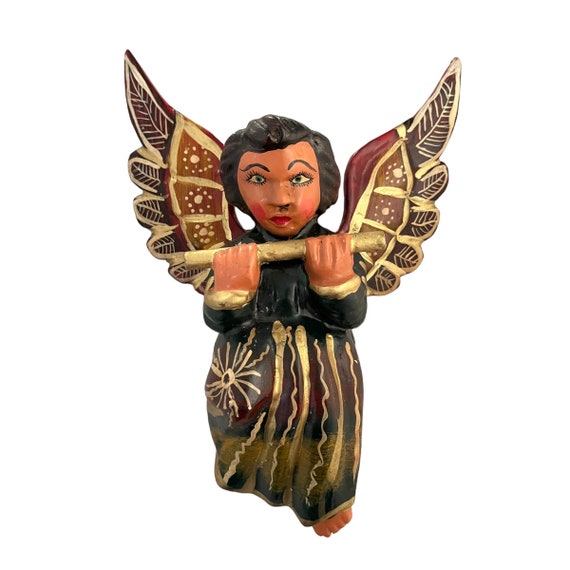 Mexican ANGEL with Flute, Full Body Hanging Carved Wood Angel