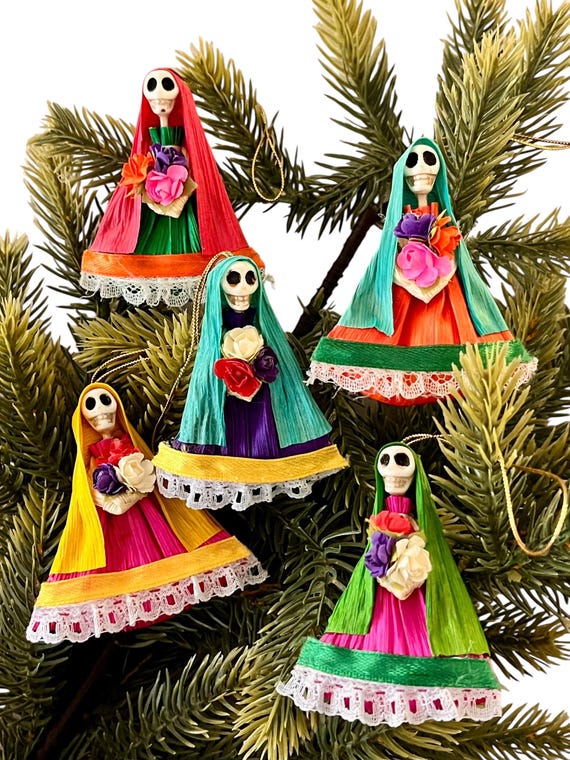 Corn Husk Catrina Ornament Set (4), Mexican Day of the Dead, Virgin Mary