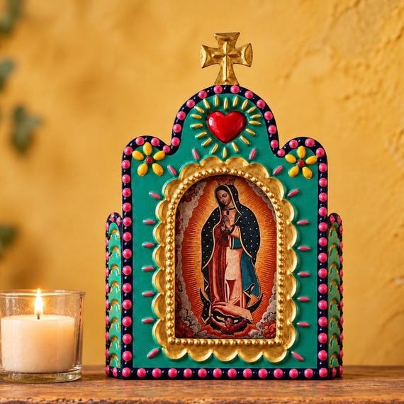 VIRGIN GUADALUPE Tin Nicho, Mexican Church Frame, Small 5 1/2”H