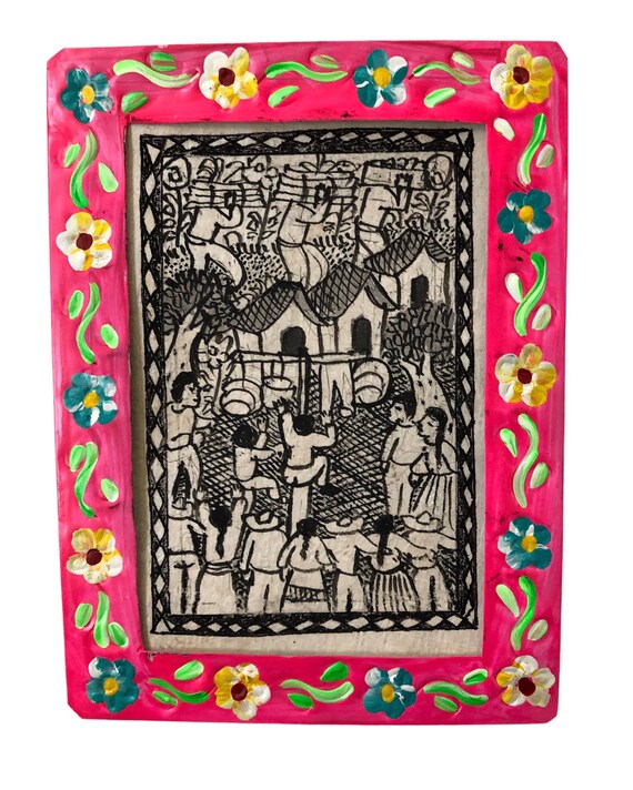 Mexican Framed OTOMI AMATE Bark Painting, Village Scene