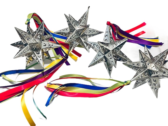 Mexican TIN STARS Set (4) Moravian Stars, Mexico Star Christmas Ornaments with RIBBONS