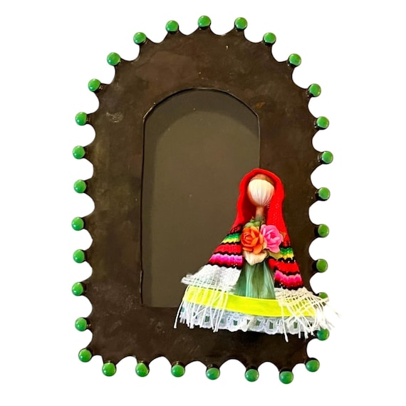 Mexican Tin NICHO with Virgin Mary Corn Husk Ornament / Magnet, Shadowbox Frame