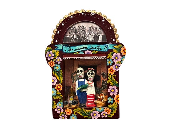Day of the Dead Mexican Tin Nicho Shadowbox with Muertos FRIDA & DIEGO Novios, See Description