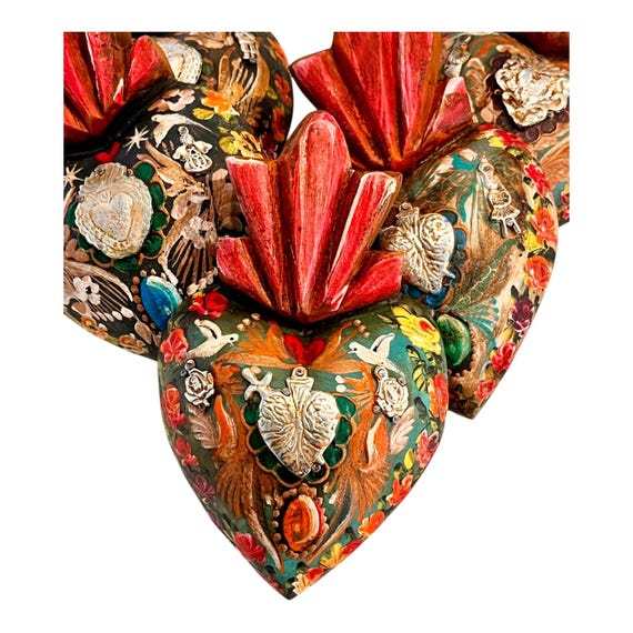 SACRED HEART, Painted Milagro Heart w Doves, Mexican Corazon