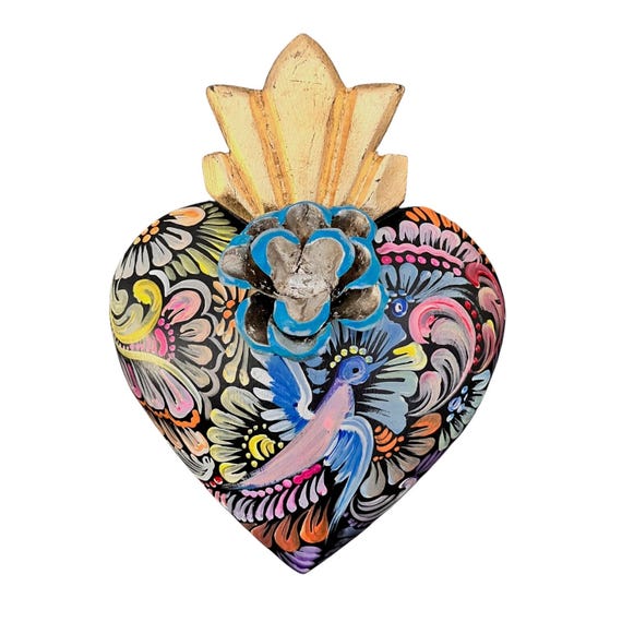SACRED HEART, Hand Painted Mexican Wood Corazon with Dove & Tin Rose