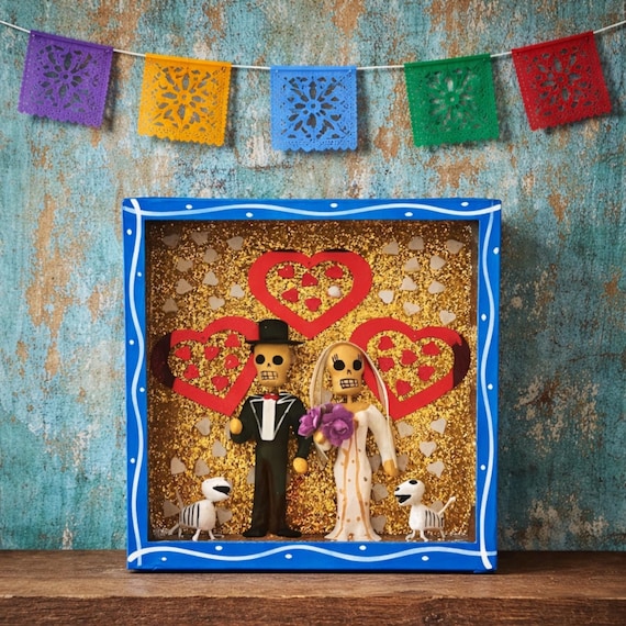 Day of the Dead Shadowbox WEDDING NICHO, Bride & Groom, Puppies, Novios