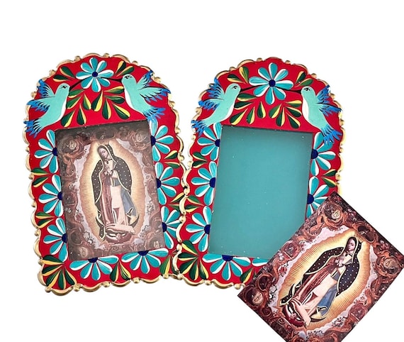 Mexican Nicho with Hummingbirds, Virgin GUADALUPE, Hand Painted Tin Frame 8”