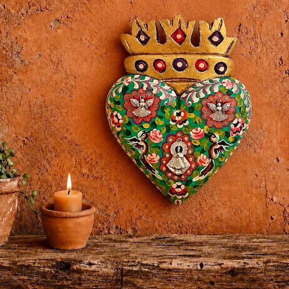 Milagros Heart Virgin GUADALUPE & Doves, ExVotos Corazon, SACRED Heart with CROWN