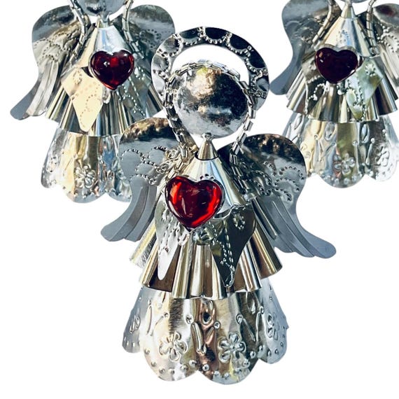 Tin ANGEL with Glass HEART, Mexican Punched Tin Angel with Corazon