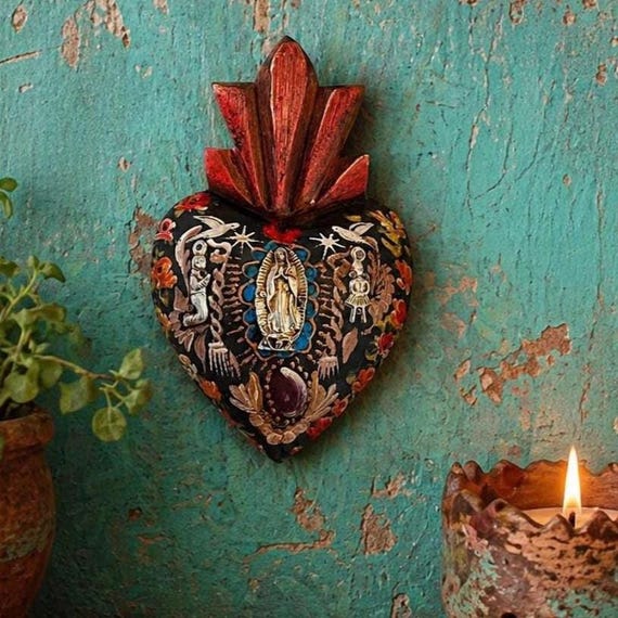 Virgin GUADALUPE Sacred HEART, Mexican Corazon w Doves, Milagros 7"H
