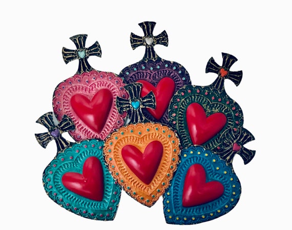 Mexican TIN HEART with Cross, Punched Tin Corazon Ornament