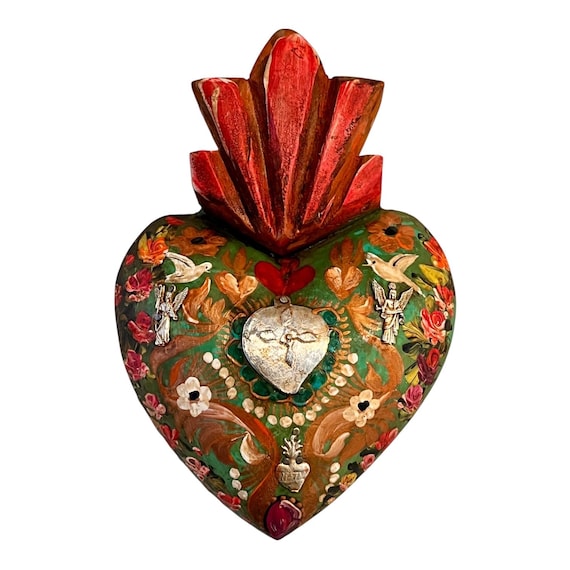 SACRED HEART, Painted Milagro Heart w Doves, Mexican Corazon