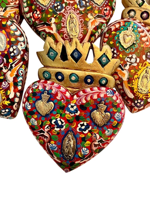 Milagros Heart Virgin GUADALUPE & Doves, ExVotos Corazon, SACRED Heart with CROWN