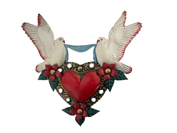 Tin DOVES HEART,  Corazon with Flowers, Sacred Heart, Mexican Punched Tin