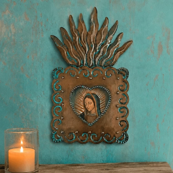 Mexican Tin Shadowbox Nicho, SACRED HEART Virgin GUADALUPE 8 1/2"H