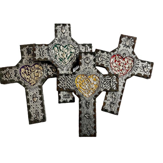 Mexican MILAGROS CROSS with HEART,  Wood with Embossed Tin, ExVotos Cross Etched Tin, Milagros Corazon 12”