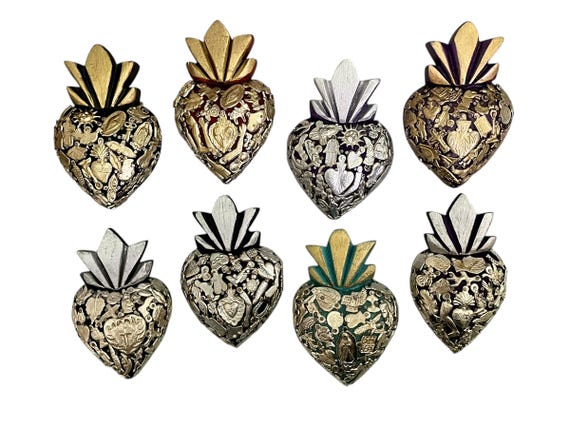 MILAGROS HEART, Small Heart with Charms, Mexican ExVotos Corazon