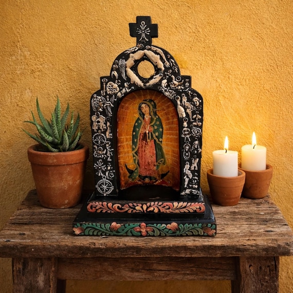 VIRGIN GUADALUPE NICHO with Milagro Charms Mexican Retablo, Church Shrine Altar Niche 11"H