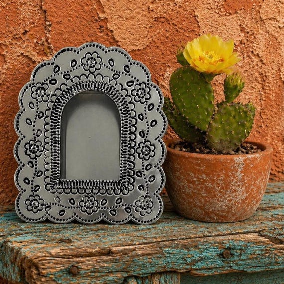 Mexican Tin NICHO, Arched Shadowbox Frame, Silver or Oxidized 7 1/2"H