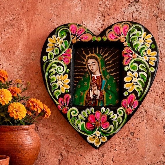 VIRGIN GUADALUPE Retablo Heart, Mexican Corazon LARGE 10"