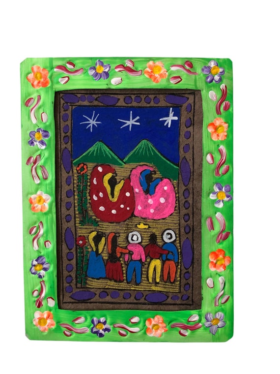 Mexican Framed OTOMI AMATE Bark Painting, Village Scene