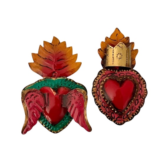 Tin Heart Ornaments Set: Mexican Corazons, Heart with Wings & Crown