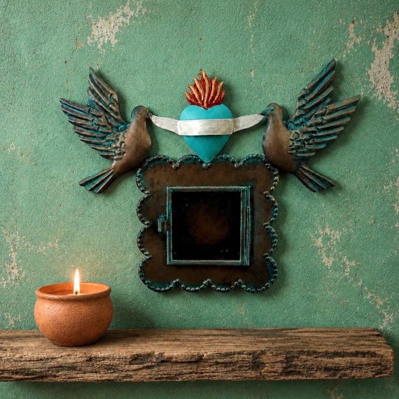 Mexican Tin Sacred Heart Nicho, Shadowbox Frame with Doves, Blue Heart