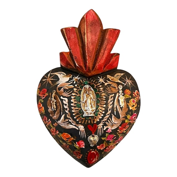 Virgin GUADALUPE Sacred HEART, Mexican Milagros Corazon 8 1/2"H