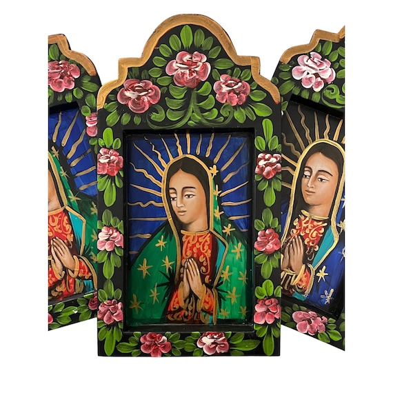 VIRGIN GUADALUPE Nicho, Mexican Retablo Virgin Mary, Altar Ofrenda Nicho LG 15”