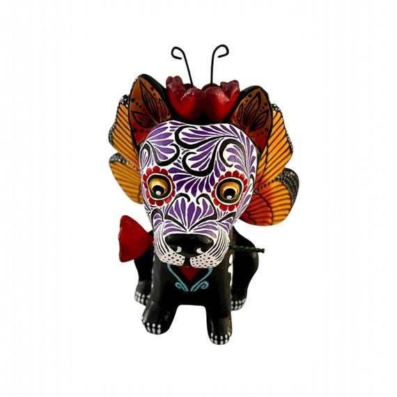 Day of the Dead Dog, Altar Ofrenda Decoration, Mexican Pottery Puebla, Angel Skeleton Puppy with Monarch Butterfly Wings