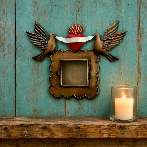 Mexican Tin Sacred Heart Nicho, Shadowbox Frame with Doves