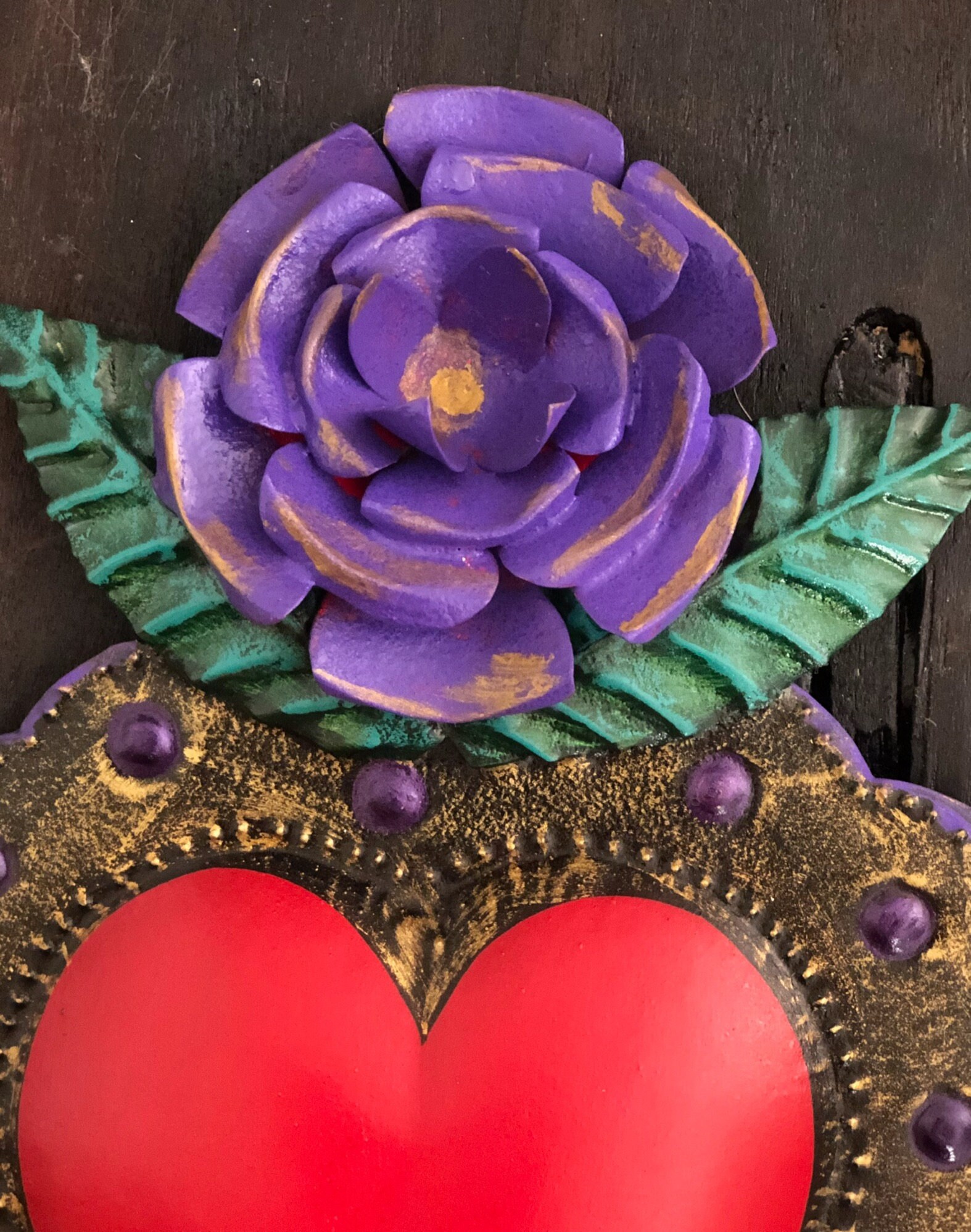 Punched Tin Heart with Flower, Purple