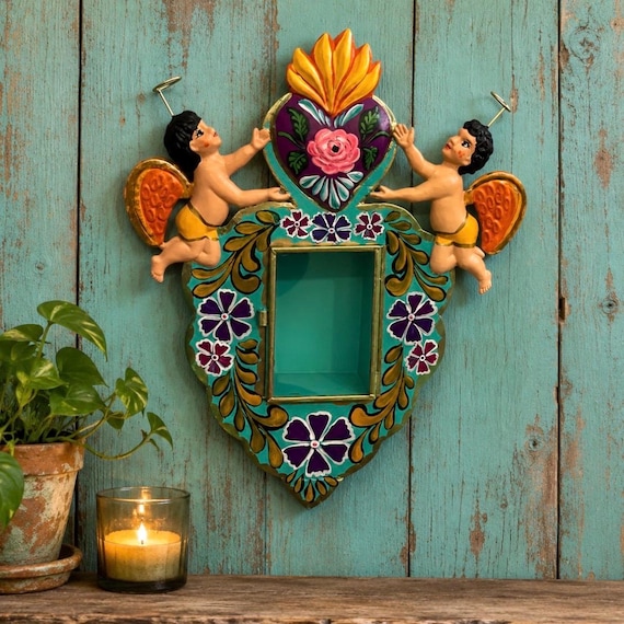 SACRED HEART Nicho Frame: Mexican Tin Corazon with Angels, Cherubs LG 10” Love Shadowbox