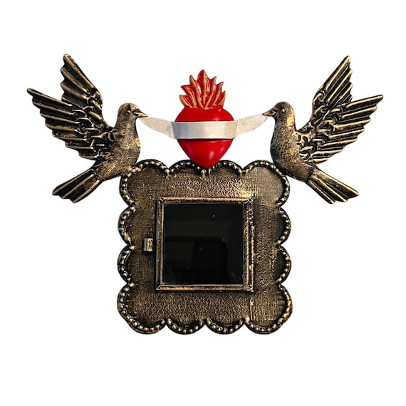 Mexican Tin Sacred Heart Nicho: Shadowbox Frame with Doves