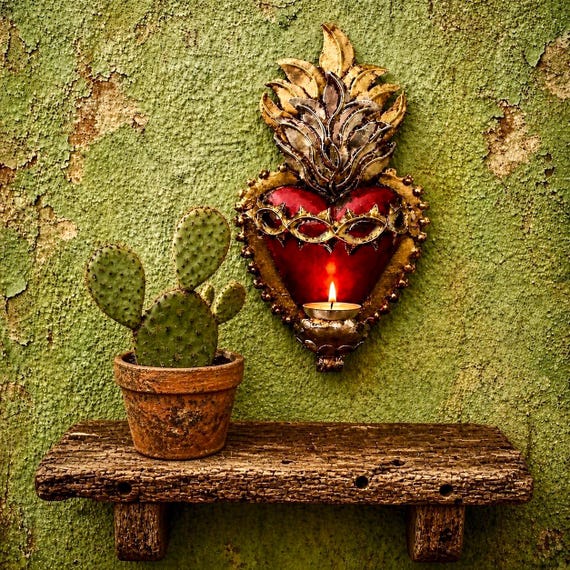 SACRED HEART Candle Holder, Mexican Punched Tin Corazon w Thorns 10”H