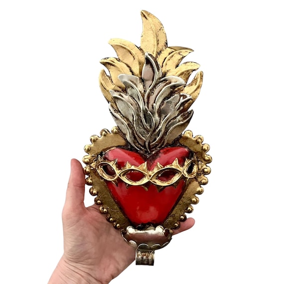SACRED HEART Candle Holder, Mexican Punched Tin Corazon wThorns 10”