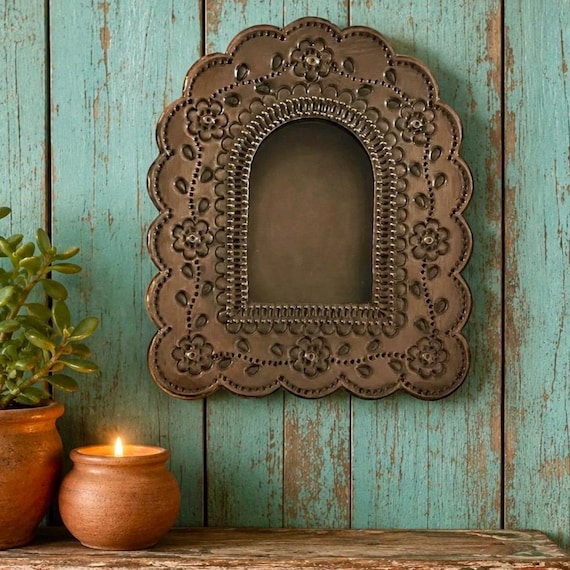 Mexican Tin NICHO, Arched Shadowbox Frame, Silver or Oxidized 7 1/2"H