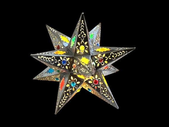 Mexican STAR Luminaria, Colorful Glass & Marbles, Tree TOPPER, Xmas Tin Star, Handmade Estrella 11”
