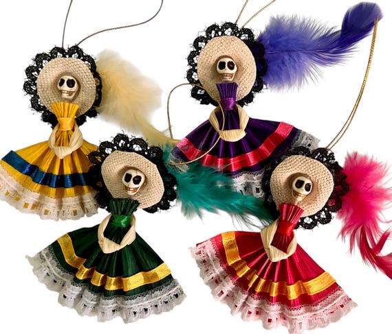 Day of the Dead CATRINA Ornaments Magnets, Set (4) CORN HUSK Mexican Christmas Decorations Party Favors