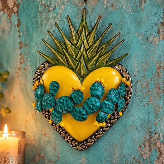 CACTUS HEART, Mexican Tin Sacred Heart with Flames, Yellow