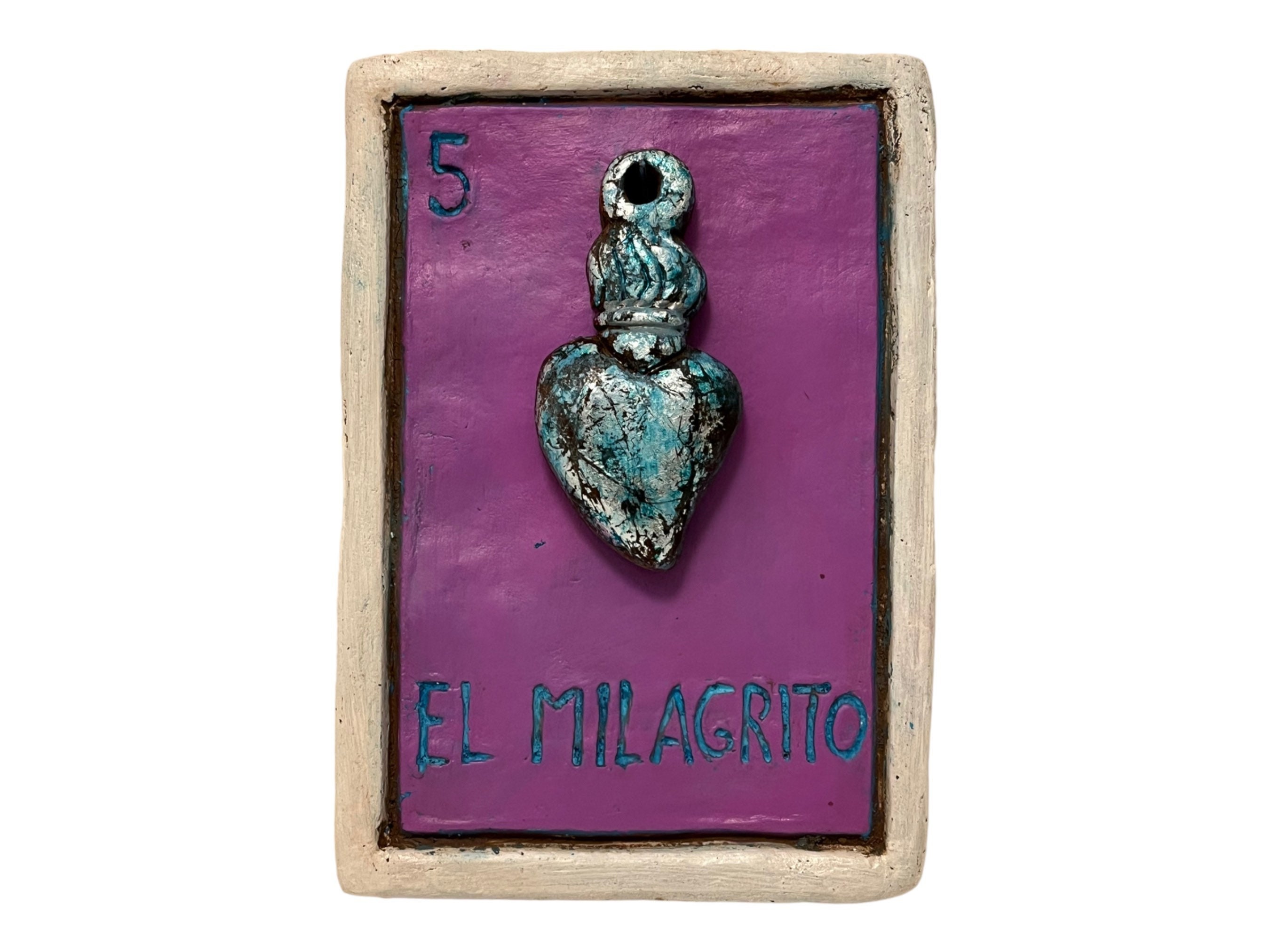 LARGE Clay LOTERIA CARD Plaque, El Milagrito, Milagro Heart 9 Aqua Accents  