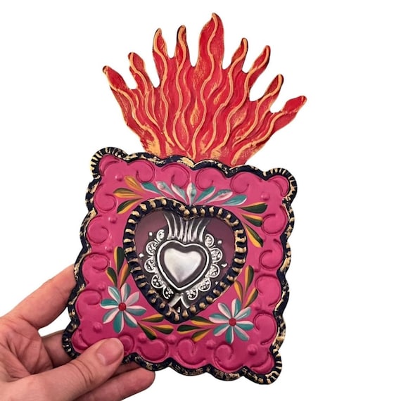 SACRED HEART Nicho, Mexican Tin Milagro Heart Frame, Sagrado Corazon, Pink
