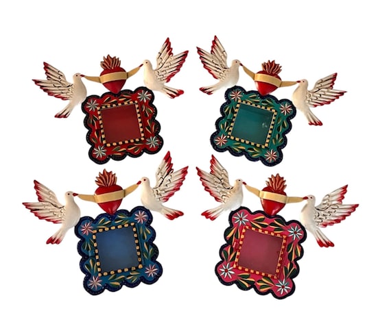 Mexican Tin Sacred Heart Nicho, Hand Painted Shadowbox Frame with Doves