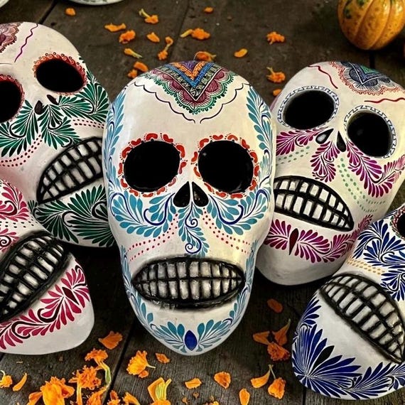 DAY of the DEAD Skull, Painted Clay Skull, Muertos Calavera, Mexican Pottery  LG 10"