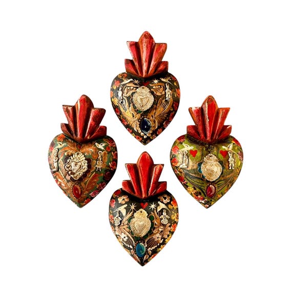 SACRED HEART, Painted Milagro Heart w Doves, Mexican Corazon