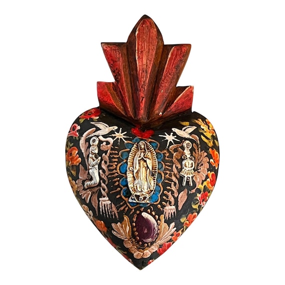 Virgin GUADALUPE Sacred HEART, Mexican Corazon w Doves, Milagros 7"H