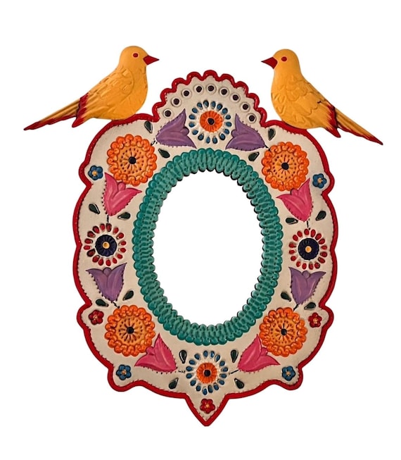 Mexican TIN MIRROR with Birds, Hand Painted Oval Mirror LG 13”H