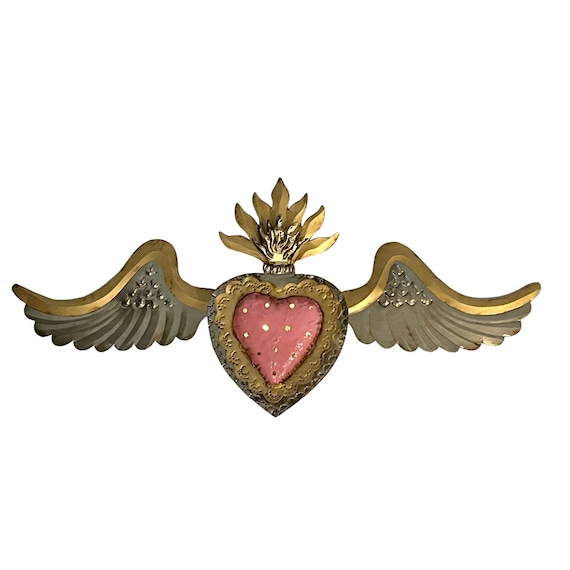 SACRED HEART Tin Luminaria, Punched Tin Heart Light, Winged Heart, Pink Heart with Wings 24"W