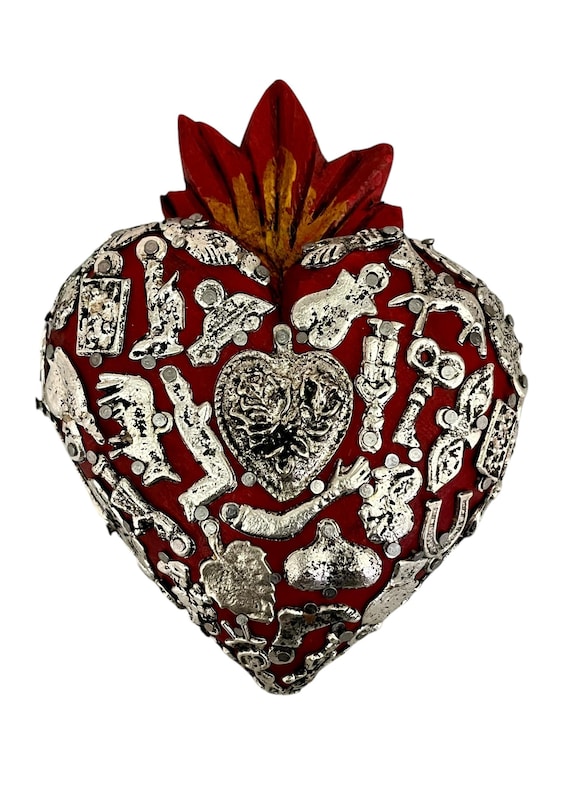 Mexican MILAGROS SACRED HEART,  Heart with Charms, ExVotos Corazon