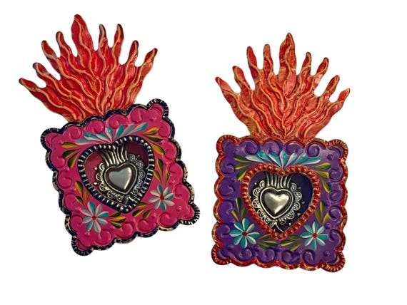 SACRED HEART Nicho, Mexican Punched Tin Milagro Heart Frame, Sagrado Corazon